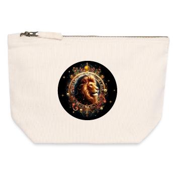 Lion dans le cercle du zodiaque - Signe du zodiaque Lion - Pochette zippée en toile 12 x 13 cm - blanc naturel - Devant