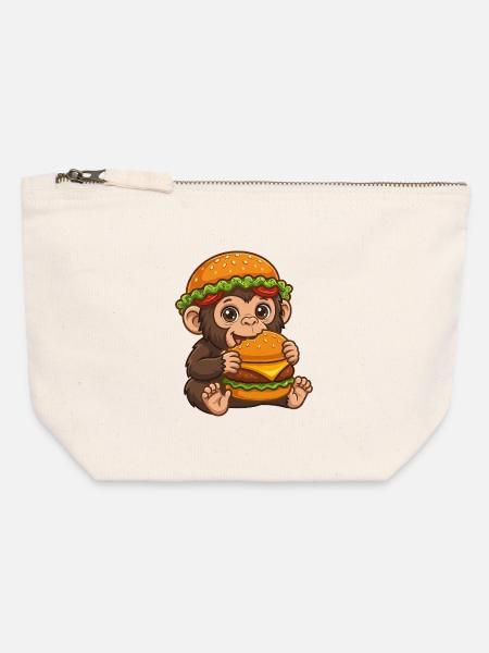 Süßer Affe mit Burger Cartoon Motiv - Canvas Reißverschluss-Täschchen (12 x 13 cm) - Naturweiß