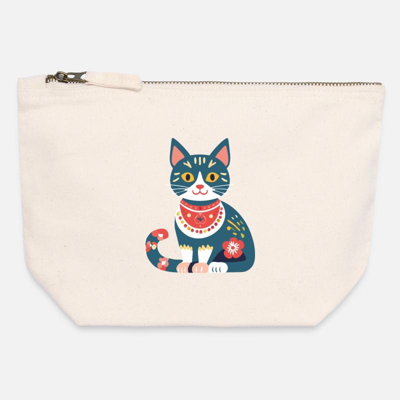 cute folklore cat - Canvas Zip Pouch 12 x 13 cm - nature