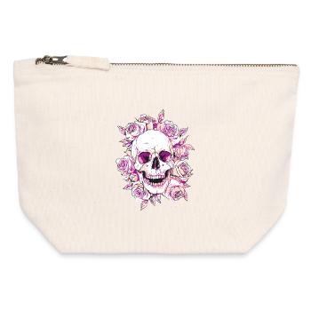 Lebendiges Totenkopf- und Rosen-Kunstdesign - Canvas Reißverschluss-Täschchen (12 x 13 cm) - Naturweiß - Vorne