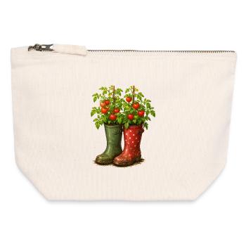 Motif de plants de tomates dans le jardin des bottes de caoutchouc - Pochette zippée en toile 12 x 13 cm - blanc naturel - Devant