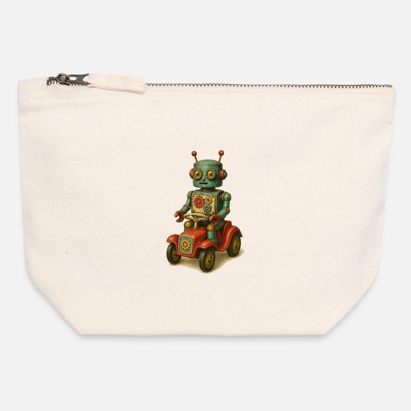 Retro Robot Toy Featuring Tin Car - Canvas Zip Pouch 12 x 13 cm - nature