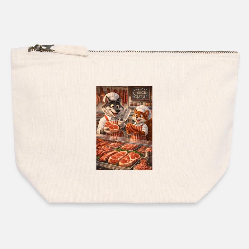 Mr. Wolf and Mr. Squirrel in a butcher's shop - Canvas Zip Pouch 12 x 13 cm - nature