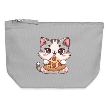 Chat mignon mangeant une pizza - Pochette zippée en toile 12 x 13 cm - gris chiné - Devant