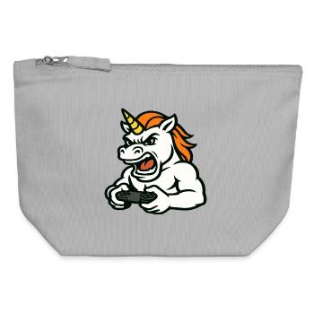 Raging Unicorn Gamer Maskottchen mit Controller - Canvas Reißverschluss-Täschchen (12 x 13 cm) - Grau meliert - Vorne