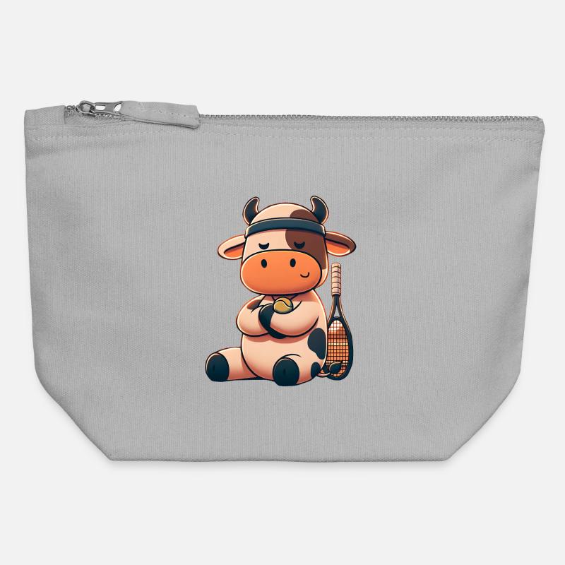 Mignonne vache de tennis avec raquette et balle - Pochette zippée en toile 12 x 13 cm - gris chiné