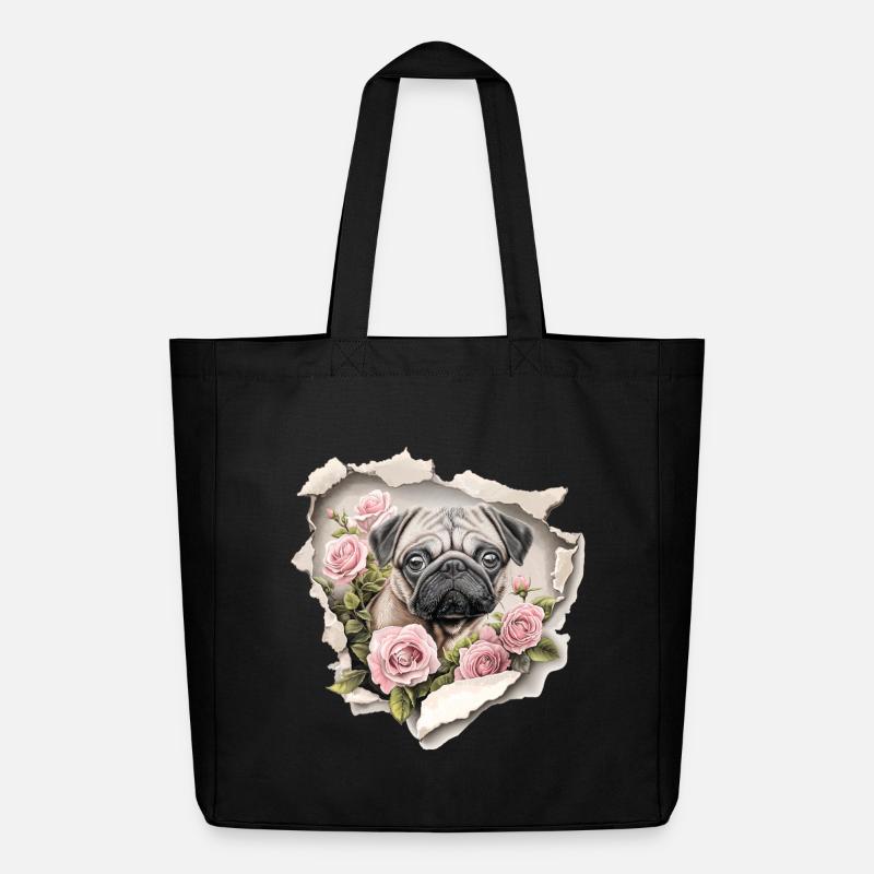 Mops Blumen Vintage - Midweight recycelter Stoffbeutel von Stanley/Stella - Schwarz
