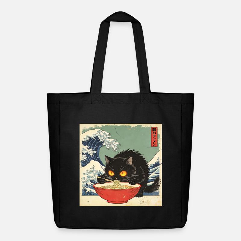 Japan Cat Ramen Nudeln Retro Wave Muster - Midweight recycelter Stoffbeutel von Stanley/Stella - Schwarz