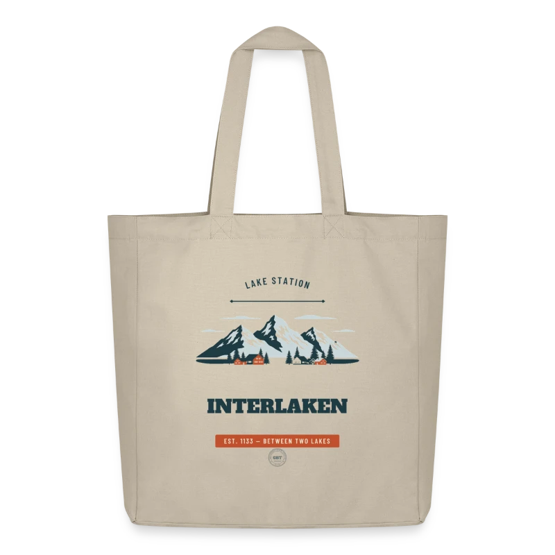 Interlaken badge on a midweight recycled tote bag by stanley/stella