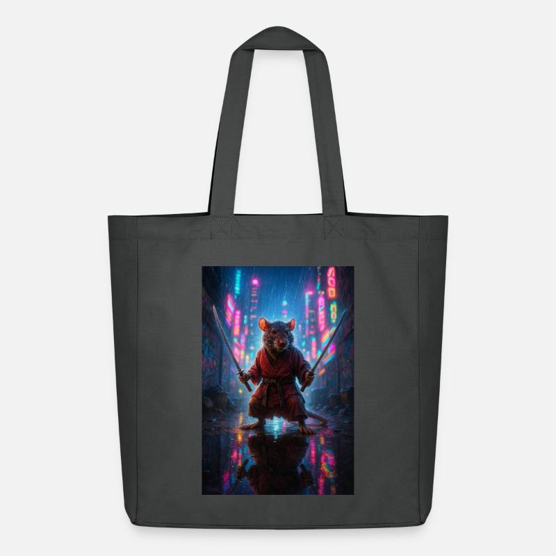 Ratten-Ninja mit Katanas in einer Neon-Stadtlandschaft - Midweight recycelter Stoffbeutel von Stanley/Stella - Anthrazit