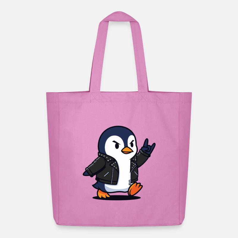 Rocker-Pinguin in Lederjacke mit Teufelshorn - Midweight recycelter Stoffbeutel von Stanley/Stella - Pink