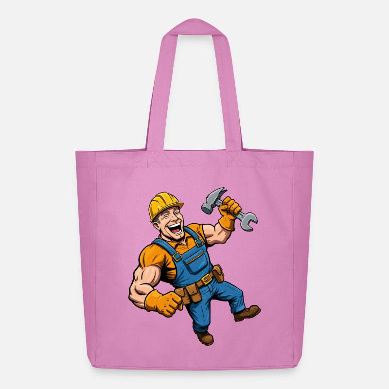 Cheerful cartoon construction worker with tools - Midweight Recycled Tote Bag by Stanley/Stella - pink