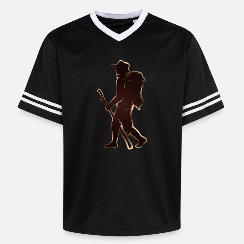 Pilger oder Wanderer mit Wanderstab & Rucksack - Unisex Football Style Mesh T-Shirt - Schwarz/Weiß