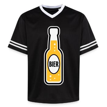 Bierflasche (Bier / Bierchen / POS 3C) - Unisex Football Style Mesh T-Shirt - Schwarz/Weiß - Vorne - AI Model Female 172 light (172cm) & AI Model Male 185 light (185cm)