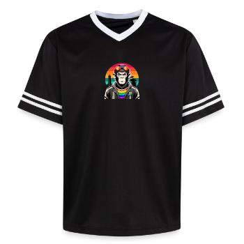 Diversity in vibration: The modern-retro monkey - Unisex Football Style Mesh T-Shirt - black/white - Front - AI Model Female 172 light (172cm) & AI Model Male 185 light (185cm)
