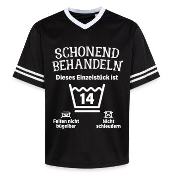 Schonend Behandeln 14. Geburtstag Einzelstück 14 - Unisex Football Style Mesh T-Shirt - Schwarz/Weiß - Vorne - AI Model Female 172 light (172cm) & AI Model Male 185 light (185cm)