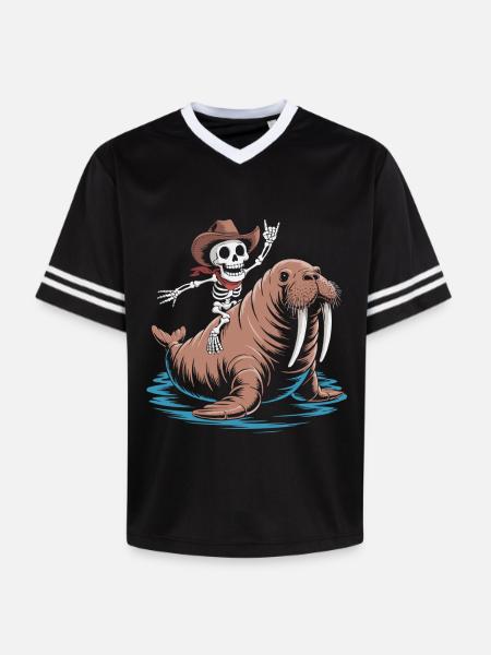 Skeleton cowboy on walrus - Unisex Football Style Mesh T-Shirt - black/white