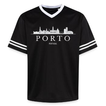Porto Skyline, Porto Portugal - Unisex Football Style Mesh T-Shirt - Schwarz/Weiß - Vorne - AI Model Female 172 light (172cm) & AI Model Male 185 light (185cm)