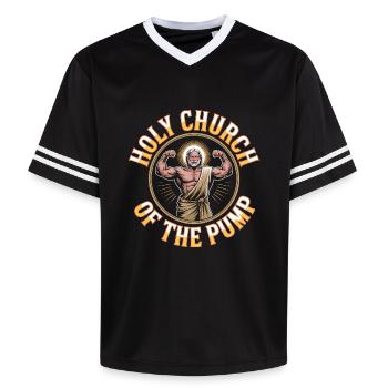 Hallowed be thy Gains - Funny Jesus Gym Meme - Unisex Football Style Mesh T-Shirt - black/white - Front - AI Model Female 172 light (172cm) & AI Model Male 185 light (185cm)