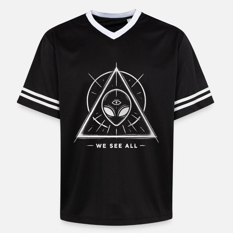 UFO Alien Eye Triangular Sigil - Unisex Football Style Mesh T-Shirt - black/white