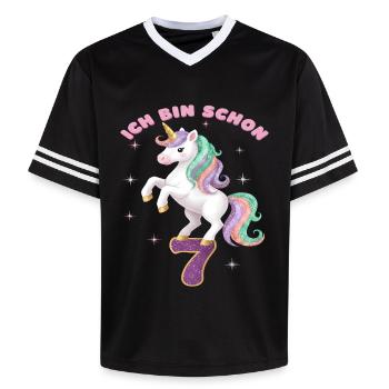 7. Geburtstag Einhorn Mädchen Ich bin schon 7 - Unisex Football Style Mesh T-Shirt - Schwarz/Weiß - Vorne - AI Model Female 172 light (172cm) & AI Model Male 185 light (185cm)