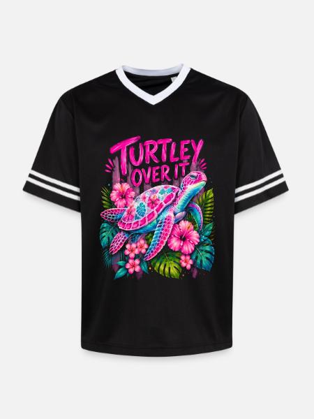 Turtley Over It Cute Turtle Flower - Unisex Football Style Mesh T-Shirt - black/white