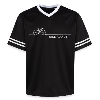 Bike Addict – Minimalistischer Fahrrad Spruch - Unisex Football Style Mesh T-Shirt - Schwarz/Weiß - Vorne - AI Model Female 172 light (172cm) & AI Model Male 185 light (185cm)
