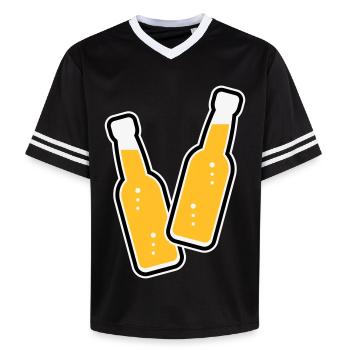 2 Flaschen Stoßen An (Limonade Softdrink / POS 3C) - Unisex Football Style Mesh T-Shirt - Schwarz/Weiß - Vorne - AI Model Female 172 light (172cm) & AI Model Male 185 light (185cm)