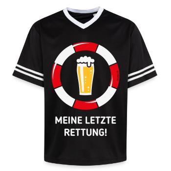 Meine Letzte Rettung! (Bier / Willibecher / NEG) - Unisex Football Style Mesh T-Shirt - Schwarz/Weiß - Vorne - AI Model Female 172 light (172cm) & AI Model Male 185 light (185cm)
