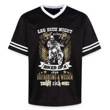 Biker Opa - Unisex Football Style Mesh T-Shirt - Schwarz/Weiß - Vorne - AI Model Female 172 light (172cm) & AI Model Male 185 light (185cm)