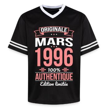 30th Anniversary - Original - March 1996 - Unisex Football Style Mesh T-Shirt - black/white - Front - AI Model Female 172 light (172cm) & AI Model Male 185 light (185cm)