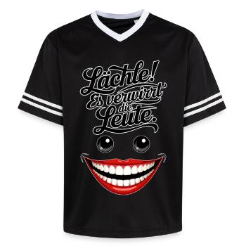 Immer lächeln - Unisex Football Style Mesh T-Shirt - Schwarz/Weiß - Vorne - AI Model Female 172 light (172cm) & AI Model Male 185 light (185cm)
