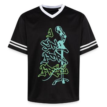 I Sing for Free - Unisex Football Style Mesh T-Shirt - black/white - Front - AI Model Female 172 light (172cm) & AI Model Male 185 light (185cm)