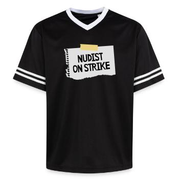 Nudist on strike - Unisex Football Style Mesh T-Shirt - Schwarz/Weiß - Vorne - AI Model Female 172 light (172cm) & AI Model Male 185 light (185cm)