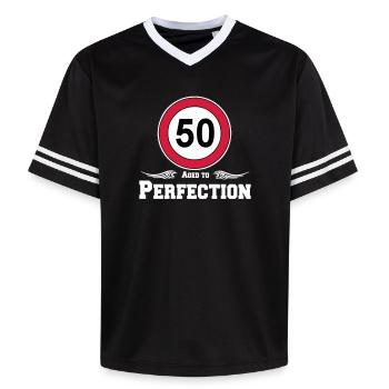 50.Geburtstag , 50 Jahre , Aged to Perfection (25) - Unisex Football Style Mesh T-Shirt - Schwarz/Weiß - Vorne - AI Model Female 172 light (172cm) & AI Model Male 185 light (185cm)