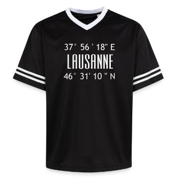 Lausanne Coordinates Typo Graphic - Unisex Football Style Mesh T-Shirt - black/white - Front - AI Model Female 172 light (172cm) & AI Model Male 185 light (185cm)