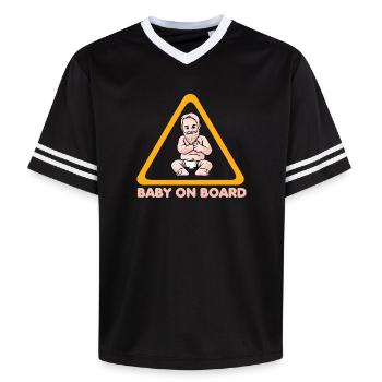 Warning sign baby on board with baby illustration - Unisex Football Style Mesh T-Shirt - black/white - Front - AI Model Female 172 light (172cm) & AI Model Male 185 light (185cm)
