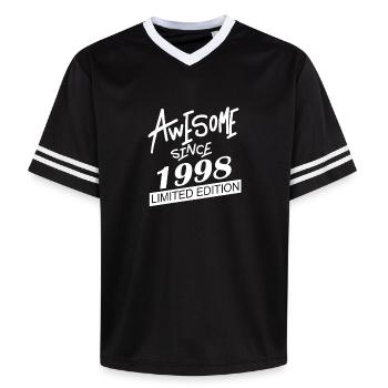 1998 - Jahrgang 1998 - Fantastisch seit 1998 - Unisex Football Style Mesh T-Shirt - Schwarz/Weiß - Vorne - AI Model Female 172 light (172cm) & AI Model Male 185 light (185cm)