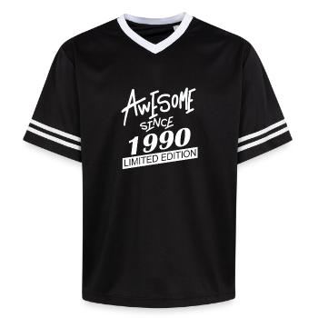 1990 - Jahrgang 1990 - Fantastisch seit 1990 - Unisex Football Style Mesh T-Shirt - Schwarz/Weiß - Vorne - AI Model Female 172 light (172cm) & AI Model Male 185 light (185cm)