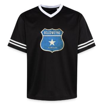 Beledweyne Somalia Wappen Flaggen Design - Unisex Football Style Mesh T-Shirt - Schwarz/Weiß - Vorne - AI Model Female 172 light (172cm) & AI Model Male 185 light (185cm)