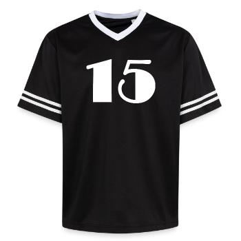 15. 15 JAHRE. 15-JÄHRIGES JUBILÄUM. GEBURTSTAG 15 JAHRE. - Unisex Football Style Mesh T-Shirt - Schwarz/Weiß - Vorne - AI Model Female 172 light (172cm) & AI Model Male 185 light (185cm)
