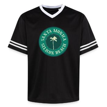 Santa Monica Beach Badge - Unisex Football Style Mesh T-Shirt - Schwarz/Weiß - Vorne - AI Model Female 172 light (172cm) & AI Model Male 185 light (185cm)