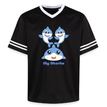 Adorable Shark Friends Cartoon Design - Unisex Football Style Mesh T-Shirt - black/white - Front - AI Model Female 172 light (172cm) & AI Model Male 185 light (185cm)