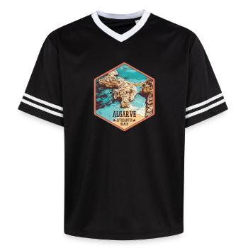 Estudantes beach near Lagos, Algarve - Unisex Football Style Mesh T-Shirt - black/white - Front - AI Model Female 172 light (172cm) & AI Model Male 185 light (185cm)