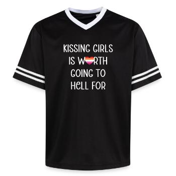 LGBT Pride Month - Kissing Girls. Lesbian Couple - Unisex Football Style Mesh T-Shirt - black/white - Front - AI Model Female 172 light (172cm) & AI Model Male 185 light (185cm)