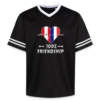 Peru und Frankreich 100% Freundschaft - Unisex Football Style Mesh T-Shirt - Schwarz/Weiß - Vorne - AI Model Female 172 light (172cm) & AI Model Male 185 light (185cm)
