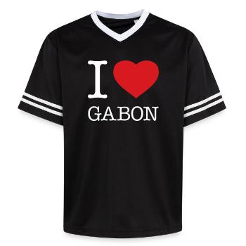I LOVE GABON - Unisex Football Style Mesh T-Shirt - black/white - Front - AI Model Female 172 light (172cm) & AI Model Male 185 light (185cm)