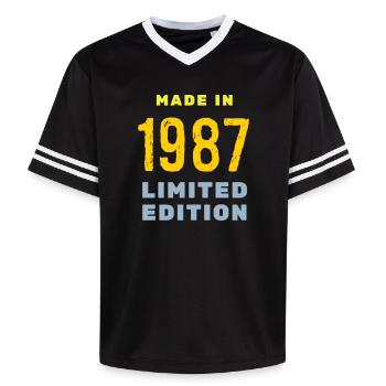 1987 - Unisex Football Style Mesh T-Shirt - Schwarz/Weiß - Vorne - AI Model Female 172 light (172cm) & AI Model Male 185 light (185cm)