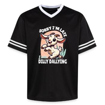 Sorry, I'm Late – Funny Goat Design - Unisex Football Style Mesh T-Shirt - black/white - Front - AI Model Female 172 light (172cm) & AI Model Male 185 light (185cm)