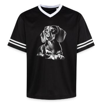 teckel mignon dans la pose couchée dans le style de dessin - T-shirt de foot unisexe en mesh - noir/blanc - Devant - AI Model Female 172 light (172cm) & AI Model Male 185 light (185cm)